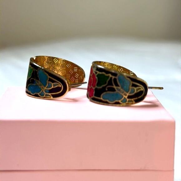 Vintage Cloisonné Black Butterfly Floral Earrings - Picture 10 of 12